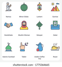 Ramadan Kareem color line style icon set design, ramadan, Islamic muslim religion and traditional theme Vector illustration.