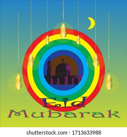 Ramadan Kareem mit buntem Hintergrund, Grußkarte mit Moschee, arabischen Lampen, Sternen und Halbmond. Feiern. Vektorillustration
