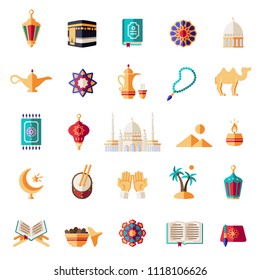 Iconos coloreados de Ramadan Kareem aislados en fondo blanco. Iconos vectoriales de cultura musulmana árabe. Ilustración vectorial para el diseño de las vacaciones de Eid Mubarak. Todo aislado y en capas