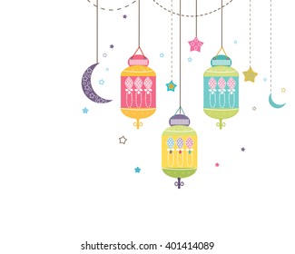 Ramadan Kareem with colorful Lamps, Crescents and Stars. Traditional lantern of Ramadan vector background