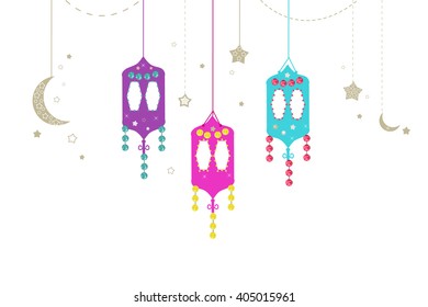 Ramadan Kareem with colorful Lamps, Crescents and Stars. Traditional lantern of Ramadan greeting card vector