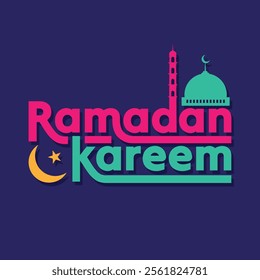 Ramadan Kareem colorful typography vector illustration with moon and mosque on blue background. Islamic religious festival holy Ramadan banner, poster, greeting card, template design. Editable text.