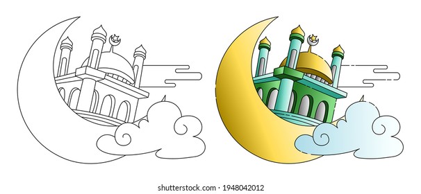 Ramadan kareem coloring book or page, vector illustration.