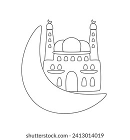 Ramadan Kareem coloring page for children with mosque and crescent moon. Vector muslim holiday element. Eid Mubarak celebration coloring book. Black and white illustration.
