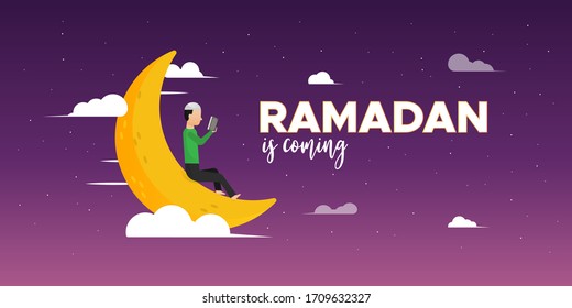 Ramadan Kareem is coming greeting background concept. Moon and man. Night sky. Landing page background concept.