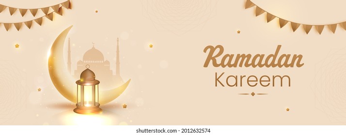 Ramadan Kareem Concept With 3D Golden Crescent Moon, Lit Lantern And Mosque On Beige Background.