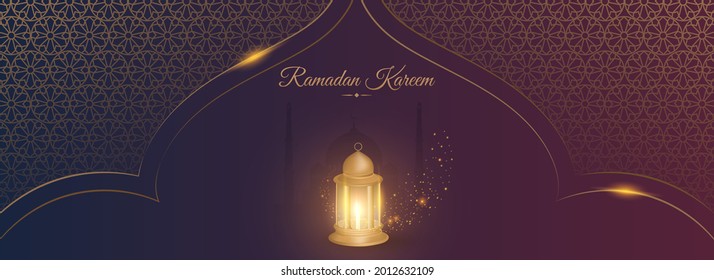 Ramadan Kareem Concept With 3D Lit Lantern On Purple And Golden Islamic Pattern Background.