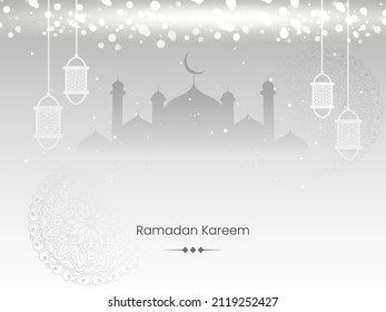 El Concepto Ramadan Kareem Con Farolitos Árabes Cuelgan Y Efecto Bokeh En El Fondo De La Mezquita Gris De Silhouette.