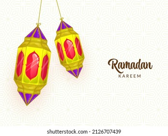 Ramadan Kareem Concept With Arabic Lanterns Hang On White Islamic Pattern Background.