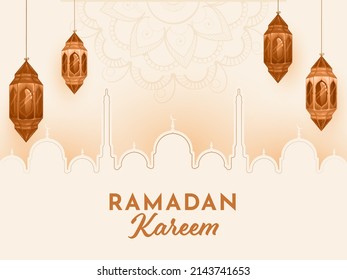 Concepto Ramadan Kareem Con Faroles Árabes Colgados Y Mezquita De Silueta En El Glamuroso Doodle Mandala Fondo.