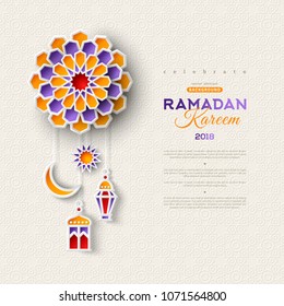 Ramadan Kareem concept banner with 3d paper cut islamic lanterns, star and moon on bright geometric pattern. Vector illustration. Place for text