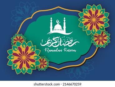 ramadan kareem concept banner 3d gold frame arabic window on beautiful background beautiful arabic pattern vector illustration hanging golden crescent moon and paper cut stars at clouds for text