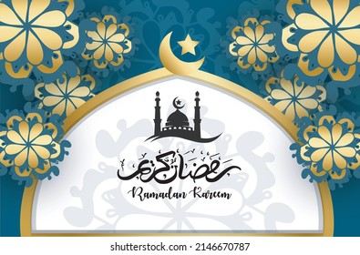 ramadan kareem concept banner 3d gold frame arabic window on beautiful background beautiful arabic pattern vector illustration hanging golden crescent moon and paper cut stars at clouds for text