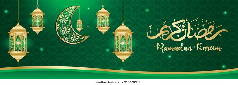 ramadan kareem concept banner 3d gold frame arabic window on beautiful background beautiful arabic pattern vector illustration hanging golden crescent moon and paper cut stars at clouds for text