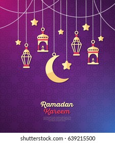 Ramadan Kareem concept banner with arabic decorations on dark violet background. Vector illustration. Eid Mubarak. Traditional Lanterns, Crescent and stars, Garlands with beads