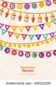 Ramadan Kareem concept banner with arabic decorations on beige background. Vector illustration. Eid Mubarak. Traditional Lanterns, Crescent and star, Garlands with muslim icons and holiday symbols