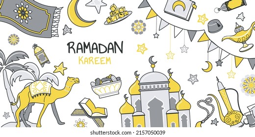 Ramadan Kareem concept for banner design with flat line doodle pattern. Hand drawing texture with camel, palm tree, Koran, treat, mosque, kettle, garland, carpet, lantern. Vector illustration for web