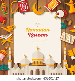 Ramadan Kareem Concept Banner With Flat Sticker Icons And White Square Frame. Vector Illustration. Eid Mubarak. Quran, Traditional Lanterns, Dates, Iftar Food, Muslim Mosque