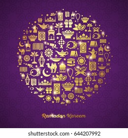Ramadan Kareem concept banner with flat sticker icons in circle. Vector illustration. Eid Mubarak. Koran, Traditional Lanterns, Dates, Iftar food, Muslim mosque. Gold shiny design