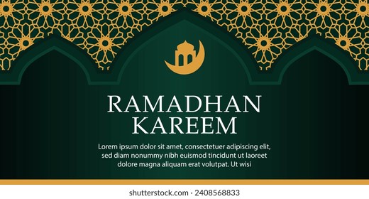 Ramadan Kareem concept banner frame, arab window on dark background with beautiful arabesque pattern