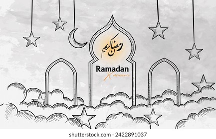 Ramadan Kareem concept banner, frame arab window on night sky background, beautiful arabesque pattern. Vector illustration. Hanging golden crescent and stars, paper cut clouds. Place for text
