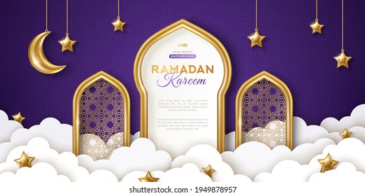Ramadan Kareem concept banner, gold 3d frame arab window on night sky background, beautiful arabesque pattern. Vector illustration. Hanging golden crescent and stars, paper cut clouds. Place for text