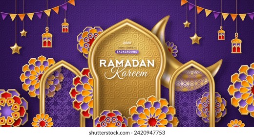 Banner conceptual de Ramadan Kareem, ventana árabe dorada de 3d con fondo de cielo nocturno, hermoso patrón arabesco. Ilustración vectorial. Creciente dorada, estrellas, guirnalda de bandera. Colocar el texto. Afiche musulmán