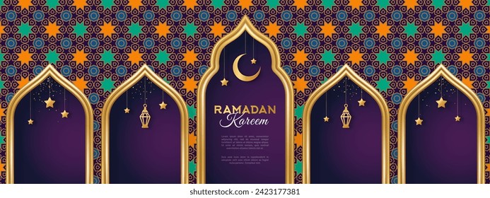 Ramadan Kareem concept banner with gold 3d frame, arab window on ornament background, beautiful arabesque pattern. Vector illustration. Hanging golden arabian traditional lanterns, crescent and stars