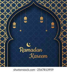 Ramadan Kareem concept banner with gold 3d frame, arab window on dark background with luxury arabesque pattern. Vector illustration. Hanging golden arabian traditional lanterns, crescent and stars