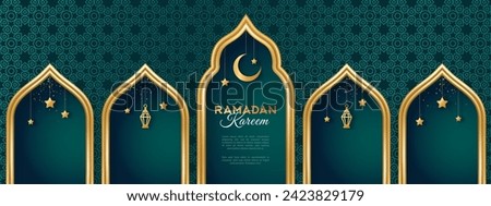 Ramadan Kareem concept banner with gold 3d frame, arab window on dark background with beautiful arabesque pattern. Vector illustration. Hanging golden arabian traditional lanterns, crescent and stars