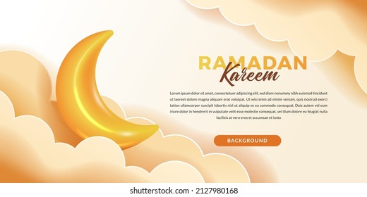 Ramadan Kareem Concept. Banner Header With 3d Cute Moon Crescent For Islamic Event With Cloud And Light Color