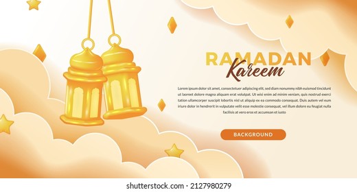 Ramadan Kareem Concept. Banner Header With 3d Cute Golden Fanous Arabic Lantern For Islamic Event With Cloud And Light Color