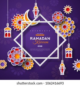 Ramadan Kareem concept banner with islamic geometric patterns and star shaped frame. Paper cut flowers, traditional lanterns, moon and stars on dark violet background. Vector illustration.