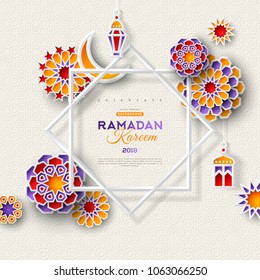 Ramadan Kareem concept banner with islamic geometric patterns and eight pointed star frame. Paper cut 3d flowers, traditional lanterns, moon and stars on light background. Vector illustration.