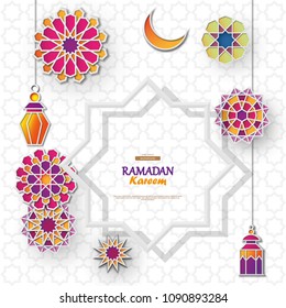 Ramadan Kareem concept banner with islamic geometric patterns and eight pointed star frame. Paper cut 3d flowers, traditional lanterns, moon and stars on light background. Vector illustration