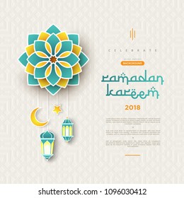 Ramadan Kareem concept banner with islamic geometric patterns and frame. Paper cut flowers, traditional lanterns, moon and stars on dark green tosca background color. Vector illustration