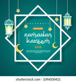 Ramadan Kareem concept banner with islamic geometric patterns and frame. Paper cut flowers, traditional lanterns, moon and stars on dark green tosca background color. Vector illustration