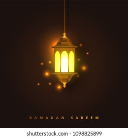 Ramadan Kareem concept banner with islamic geometric patterns and arabic calligraphy. lightning traditional lanterns, moon and stars on dark brown background color. Vector illustration