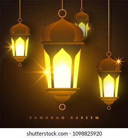 Ramadan Kareem concept banner with islamic geometric patterns and arabic calligraphy. lightning traditional lanterns, moon and stars on dark brown background color. Vector illustration