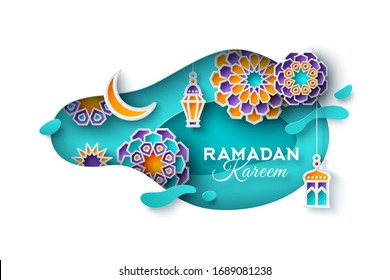 Ramadan Kareem concept banner with islamic geometric patterns, blue abstract frame. Paper cut 3d flowers, traditional lanterns, moon and stars. Vector illustration.