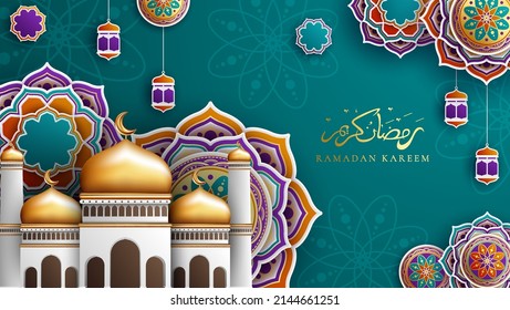 Ramadan Kareem concept banner with islamic geometric patterns. Paper cut 3d flowers and mosque on green background. Vector illustration