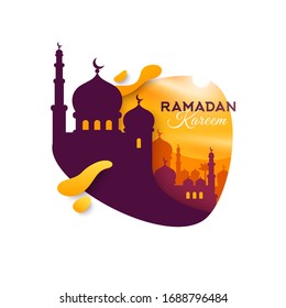 Ramadan Kareem concept banner with mosque at sunset. Arabian city vector illustration. Banner or greeting card with buildings temple on mountains. Arab cityscape scene.