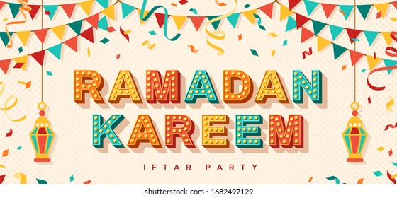 Ramadan Kareem concept banner with traditional lanterns, flag garlands and confetti on light background. Vector illustration. Iftar party flyer or invitation.