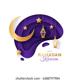 Ramadan Kareem concept banner with traditional lanterns, crescent and stars in violet abstract frame. Paper cut night sky. Vector illustration. Place for your Text