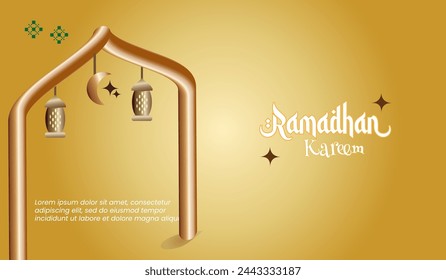Ramadan Kareem concept banner, web page, background, login page, golden 3d frame arabesque window, beautiful arabesque pattern. Vector illustration with several ornaments. Place for text