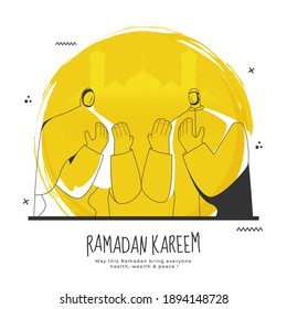 Ramadan Kareem Concept With Cartoon Muslim Couple Offering Namaz On White And Yellow Silhouette Mosque Background.