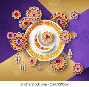 Ramadan Kareem concept with circle frame and 3d paper cut islamic lanterns, stars and moon on geometric background. Vector illustration.