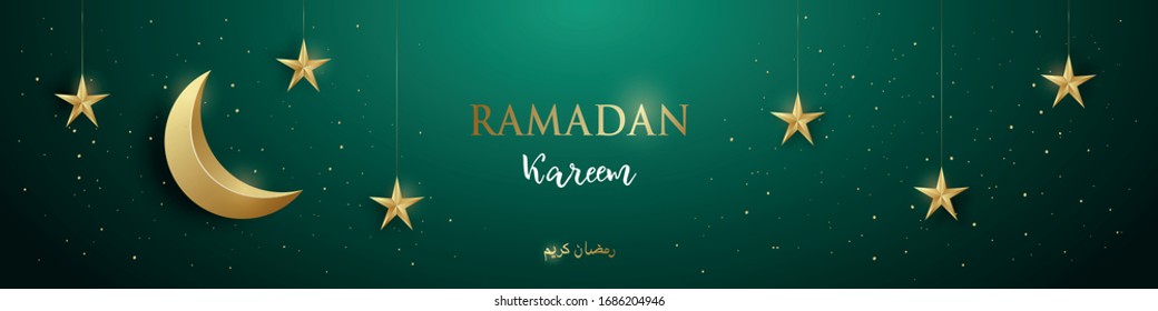 Ramadan kareem concept with a combination of shining hanging gold stars, golden crescent moon and sparcles. Vector design for web, site haeder, greeting banner, etc
