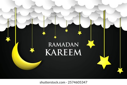 Ramadan kareem concept with combination of shining hanging gold stars, golden crescent moon. vector illustration