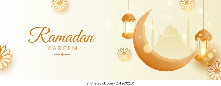 Concepto Ramadan Kareem Con Luna Creciente, Linternas Iluminadas Cuelgan Y Patrón Floral En El Pastel De Fondo Amarillo.